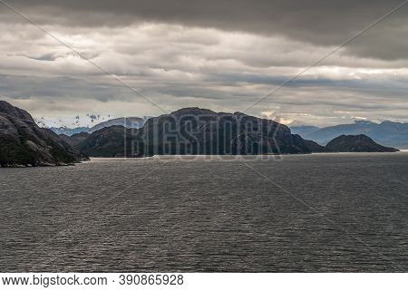 Sarmiento Channel, Chile - December 11, 2008: Amalia Glacier And Fjord. Lighter Skies Compete With B
