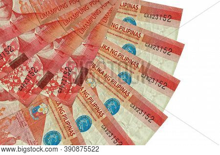 50 Philippine Piso Bills Lies Isolated On White Background With Copy Space Stacked In Fan Shape Clos