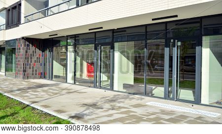 Panoramic Windows Of New Commercial Premises. Commercial Property In Development Standard For Rent.