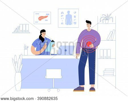 Human Pancreas Concept. Gastrointestinal Clinic. Doctor Gastroenterologist Appointment, Treatment, P