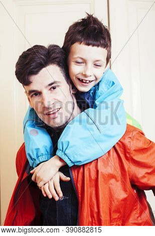 Faher And Son Together Having Fun At Home, Lifestyle Happy Family, People At Home
