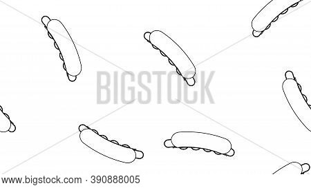 Hot Dog On White Background, Vector Illustration, Pattern. Sausage Sandwich, Stuffed, Appetizing Bun