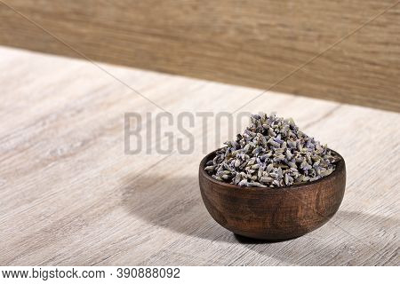 Dried Lavender Flowers In The Wooden Bowl - Lavandula.