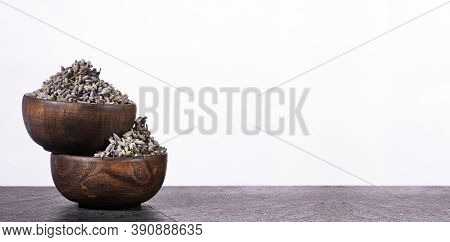 Dried Lavender Flowers In Two Wooden Bowls - Lavandula.