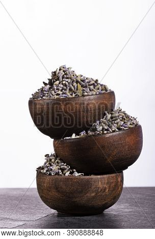 Dried Lavender Flowers In Three Wooden Bowls - Lavandula.