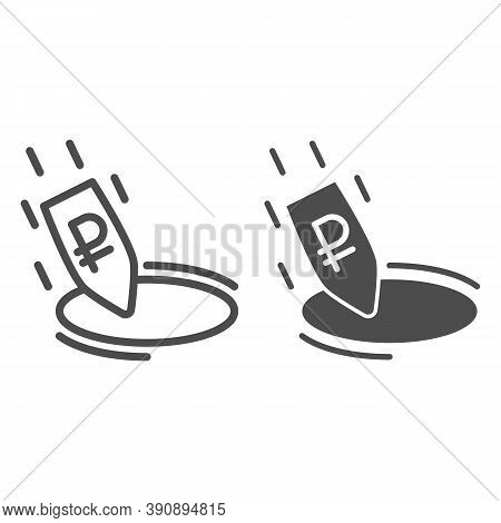 Ruble Rapidly Fall Into Hole Line And Solid Icon, Economic Sanctions Concept, Ruble Rate Decrease Si