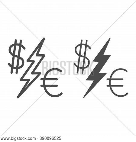 Dollar Vs Euro Line And Solid Icon, Economic Sanctions Concept, Currency Symbols With Lightning Sign