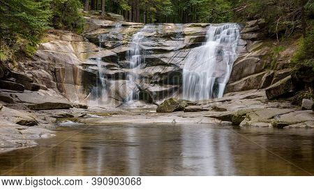Panoramic View Of Mumlava Waterfall Near Harrachov In Czech Giant Mountains
