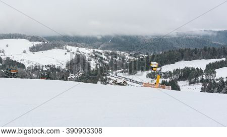 Panoramic Winter View Of Beskid Sadecki Mountains From Ski Slope In Krynica Zdroj, Poland