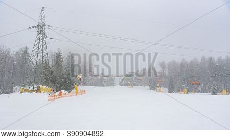Snowy View Of The Top Station Of The Ski Lift At Slotwiny Arena In Krynica Zdroj , Poland