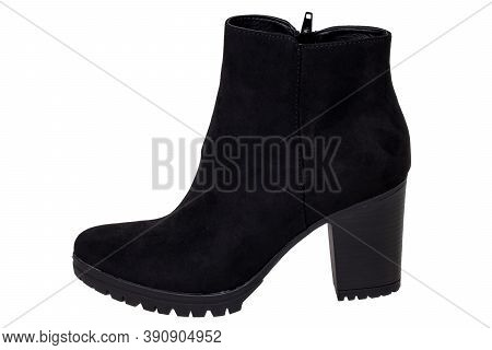 Leather Shoes Isolated. Close-up Of A Single Of Black Classic Elegant Female Suede Shoe Isolated On 