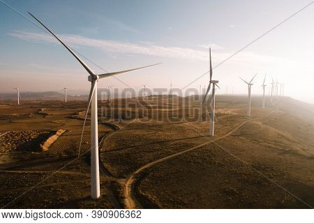Wind Turbines. Power Plant With Wind Turbine, Clean Energy Generator Wind Turbine In Wind Farm.