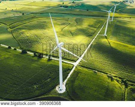 Wind Turbines. Power Plant With Wind Turbine, Clean Energy Generator Wind Turbine In Wind Farm.