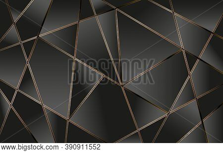 Line Golden Polygonal, Abstract Polygonal Lines Gold With Dark Black Background, Metal Background, P