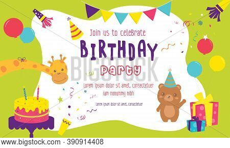 Vector Illustration Of Happy Birthday With Decoration For Greetings Card. Set Birthday Party Bear An