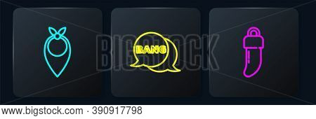 Set Line Cowboy Bandana, Tooth And Bang Boom, Gun Comic. Black Square Button. Vector
