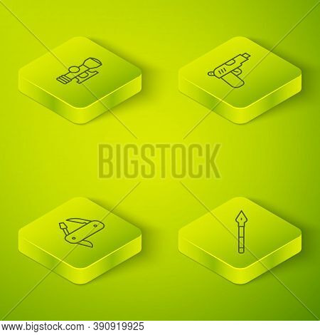 Set Isometric Line Pistol Or Gun, Swiss Army Knife, Medieval Spear And Sniper Optical Sight Icon. Ve