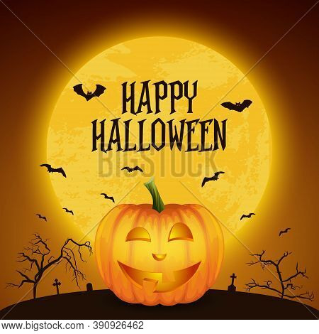 Happy Halloween Banner With Pumkin. Vectorcartoon Halloween Pumkin Lantern With Funny Face On Dark N