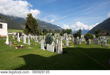 Mustair, Switzerland, September 11, 2020 - The Small Cemetery Near The Convent Of St. John In Mustai