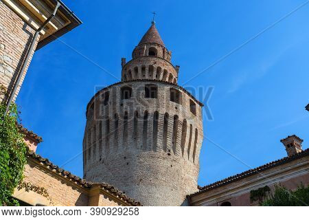 Rivalta Trebbia, Italy, August 25, 2020 - The Tower Of Rivalta Castle In Rivalta Trebbia Town, Piace