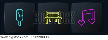 Set Line Ice Cream, Music Note, Tone With Hearts And Romantic Bench. Black Square Button. Vector