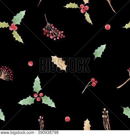 Seamless Pattern With Christmas Symbol Holly Leaves And Berries On A Black Background.