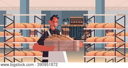 Male Baker In Uniform Holding Baguettes Bakery Products Baking Manufacture Concept Portrait Horizont
