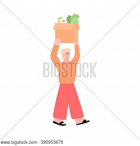 Volunteer Carry Cardboard Box Full Of Food For Donation In Social Shelter Or Charitable Center. Supp