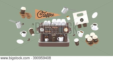 Coffee shop 3D render - coffee machine -modern concept digital illustration of a coffee maker with cups on the top, surrounded by takeout coffee packs and cups. Creative landing web page header