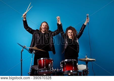 Portrait Of His He Her She Nice Attractive Cheerful Successful Famous Duett Giving Live Concert Hold