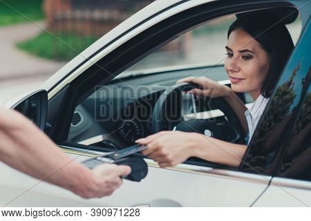 Photo Of Charming Girl Ride Drive Car Enter Shopping Mall Pay Parking Lot Credit Card Swipe Paypass 