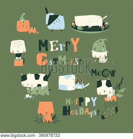 Set Of Cute Crazy Cats With Christmas Elements
