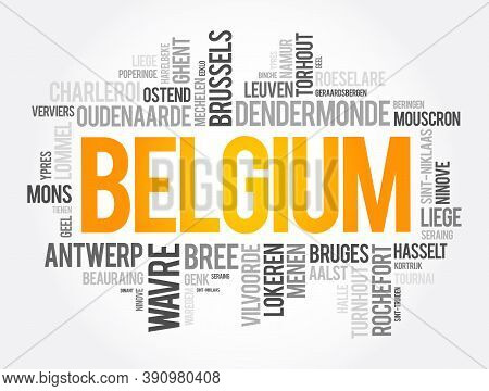 List Of Cities And Towns In Belgium, Word Cloud Collage, Business And Travel Concept Background