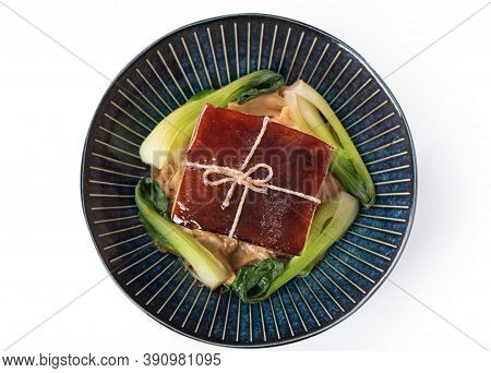 Isolated Dong Po Rou (dongpo Pork Meat) In A Beautiful Plate With Green Vegetable.