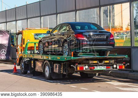Black Mercedes-benz New Cars Transportation Evacuation Truck Store Mercedes. Russia, Saint-petersbur