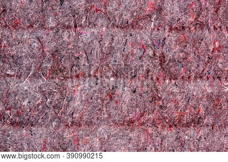 Background Of Red Lining With Fibers From Non-uniform Fabric. Texture Of Grey Felt Material., Close-