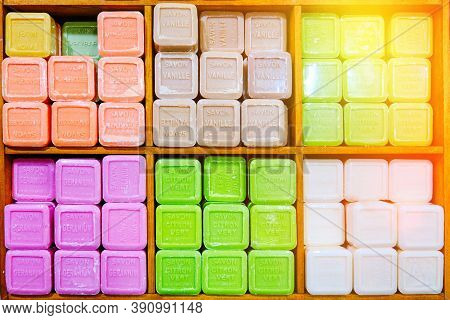 Colored Soap Stacked Beautifully Laid Out In The Store. French Translation: Savon - Soap, Lifestyle