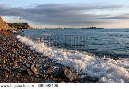 Scenic Landscape Of Black Sea Coast By Bolshoy Utrish Village, Anapa, Russia. Wave Splashing On Pebb