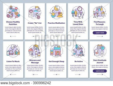 Self Care Onboarding Mobile App Page Screen With Concepts Set. Listen To Music. Practice Meditation 