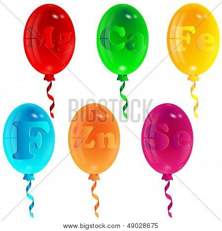 varicoloured balloons with the image of letters on a white background