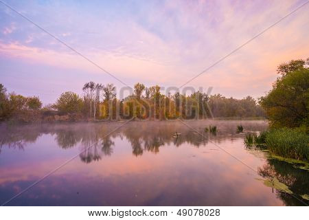 Autumn misty day on a River. Beautiful place.