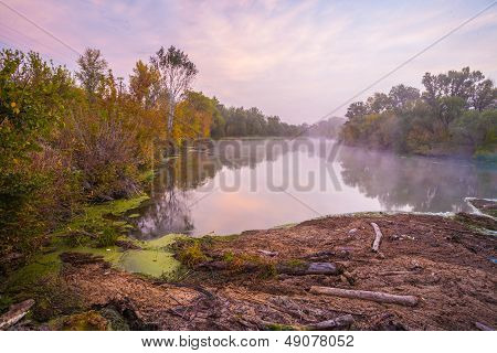 Autumn misty day on a River. Beautiful place.