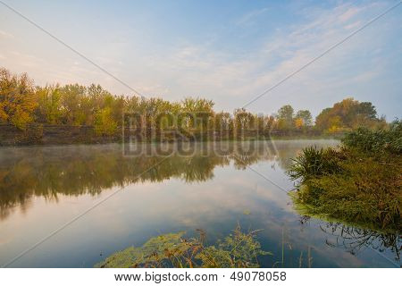Autumn misty day on a River. Beautiful place.