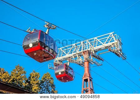 Seilbahn gegen den blauen Himmel in Japan.