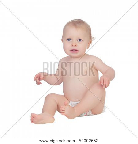 Adorable blond baby in diaper crying sitting on the floor isolated on a white background