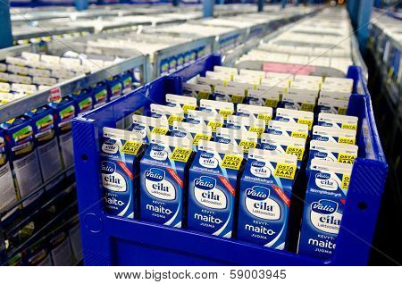 JUVASKULA, FINLAND - DECEMBER 18: Valio factory. Milk packing warehouse. on February 14, 2013 in Jyvaskyla, Finland. Valio is one of biggest companies in Finland, produces dairy products