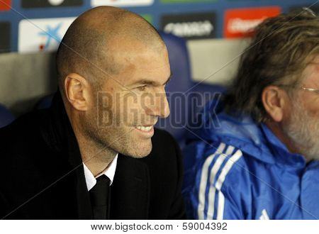 BARCELONA - JAN, 12: Real Madrid Sporting Diretor Zinedine Zidane during the Spanish League match between Espanyol and Real Madrid at the Estadi Cornella on January 12, 2014 in Barcelona, Spain