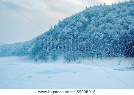 beautiful winter landscape in the mountains, Ceahlau, Romania