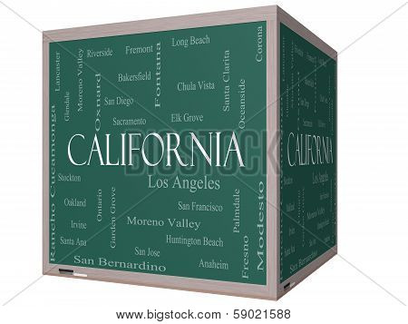 California State Word Cloud Concept On A 3D Cube Blackboard