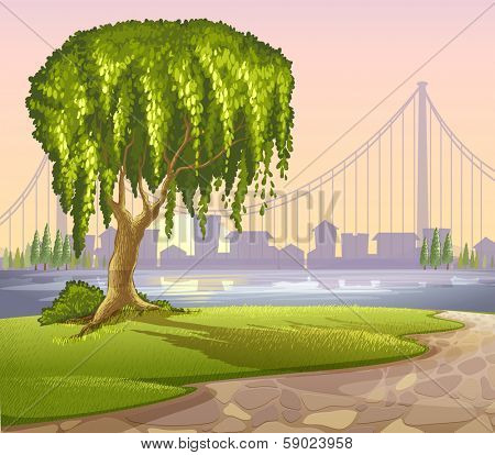 Illustration of an old giant tree across the high buildings